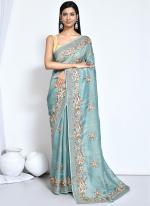 Net Organza Silk Blue Wedding Wear Embroidery Work Saree